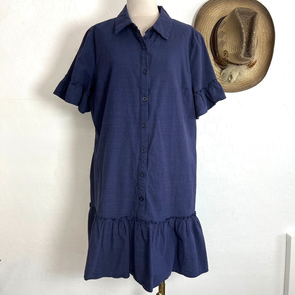 Merokeety Blue Button Up Shirt Dress L Short Sleeve Ruffle Pockets Tiered Mini